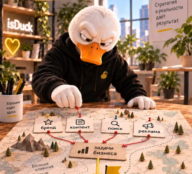 Белая утка isDuck прокладывает на карте путь от бренда, контента, поиска и рекламы к задачам бизнеса