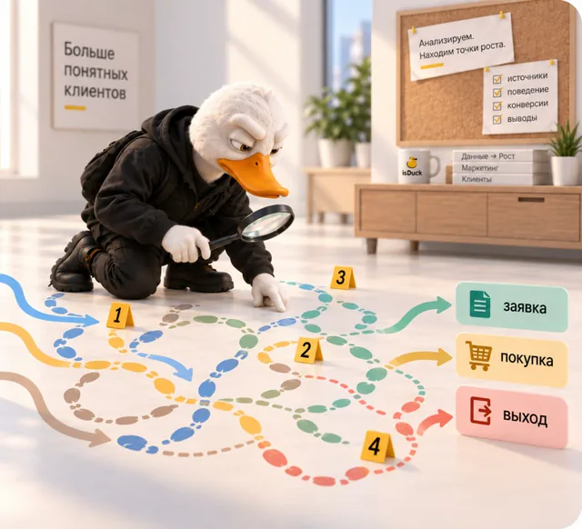 Белая утка isDuck с лупой изучает путь клиентов к заявке, покупке и уходу с сайта