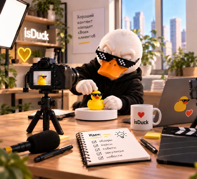 Белая утка isDuck в солнцезащитных очках снимает контент для бренда в светлой студии