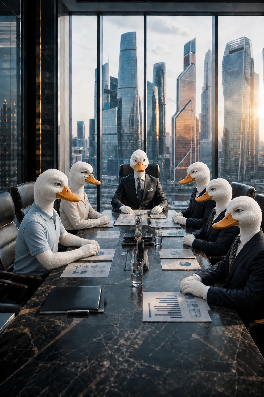 Два специалиста isDuck обсуждают маркетинг с советом директоров из белых уток в кабинете с видом на Москва-Сити