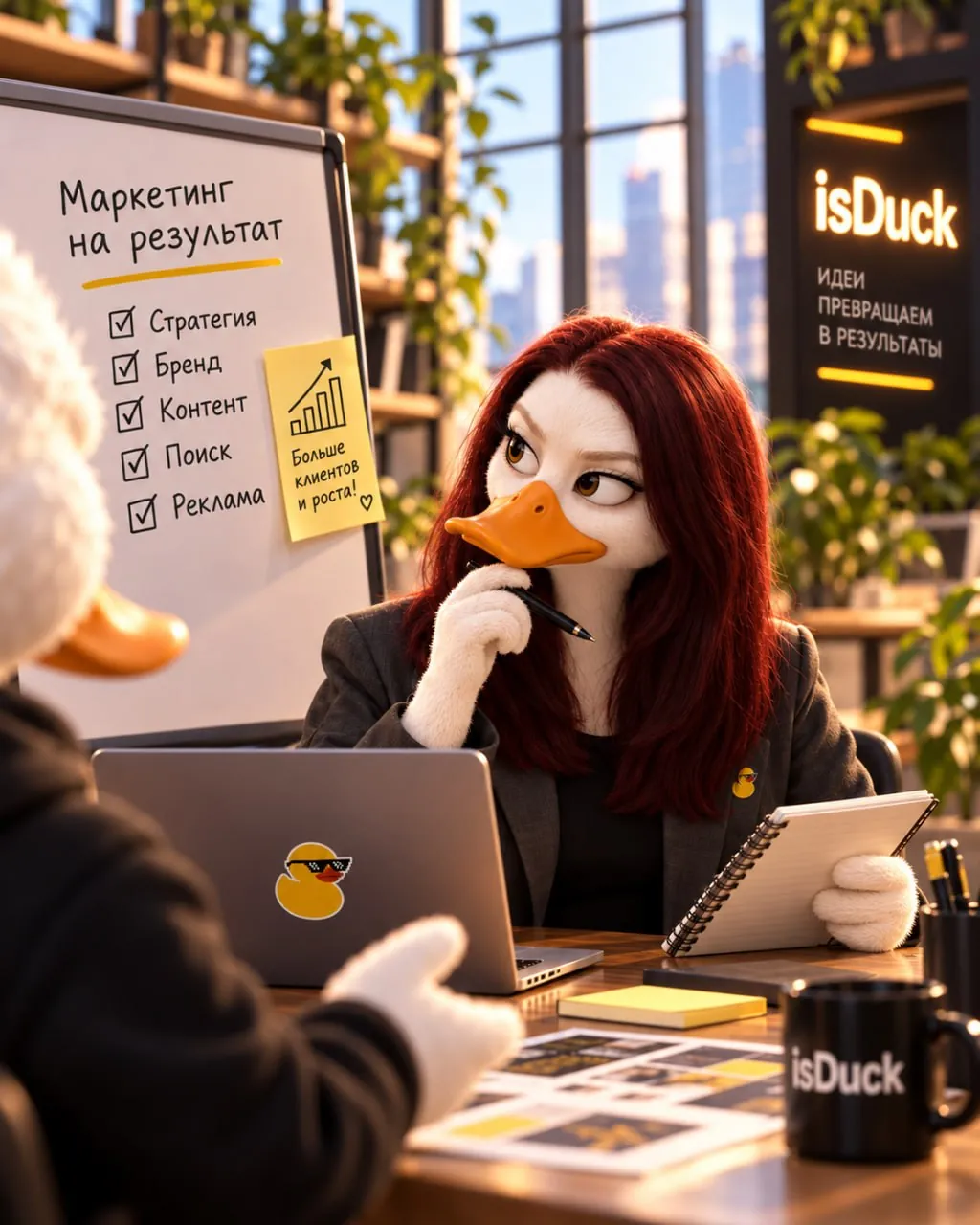 Специалист isDuck по маркетингу обсуждает стратегию продвижения у доски с планом: стратегия, бренд, контент, поиск и реклама