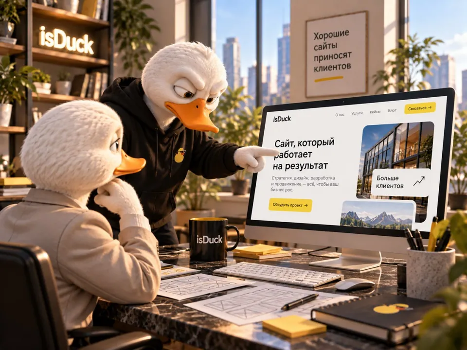 Две утки из isDuck разбирают на мониторе сайт, который работает на результат